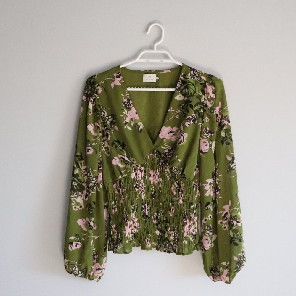 Kaffe Womens Green Sz 40/M Kavita Smocked V-Neck Floral Bishop Sleeve Blouse Top